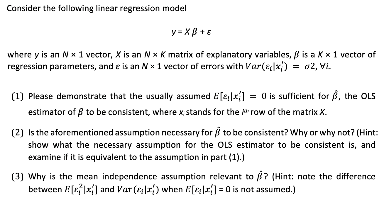 Consider the following linear regression model y = X | Chegg.com