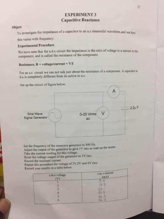 Solved EXPERIMENT 3 Capacitive Reactance object To