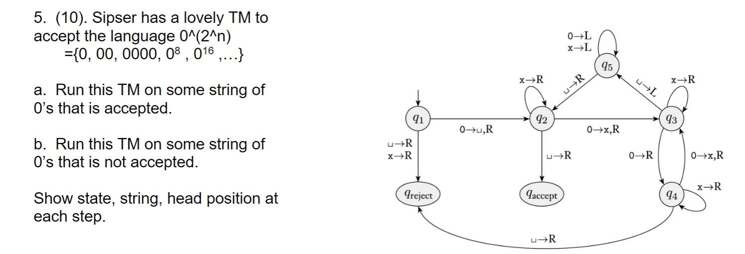 Solved 5. (10). Sipser has a lovely TM to accept the | Chegg.com