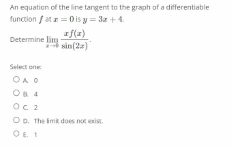 An equation of the line tangent to the graph of a differentiable function \( f \) at \( x=0 \) is \( y=3 x+4 \).
Determine \(