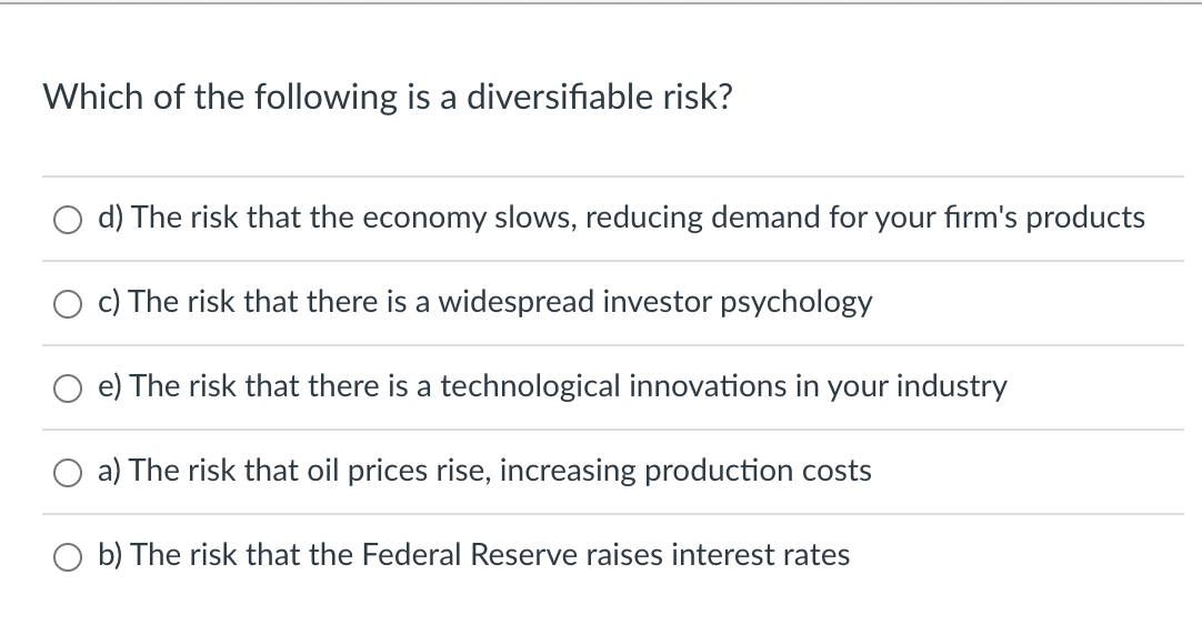 Solved Which of the following is a diversifiable risk? d) | Chegg.com