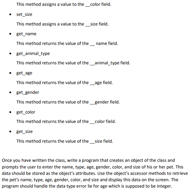 Python Library That Uses Animal Name Write a class named Pet, which should have the | Chegg.com