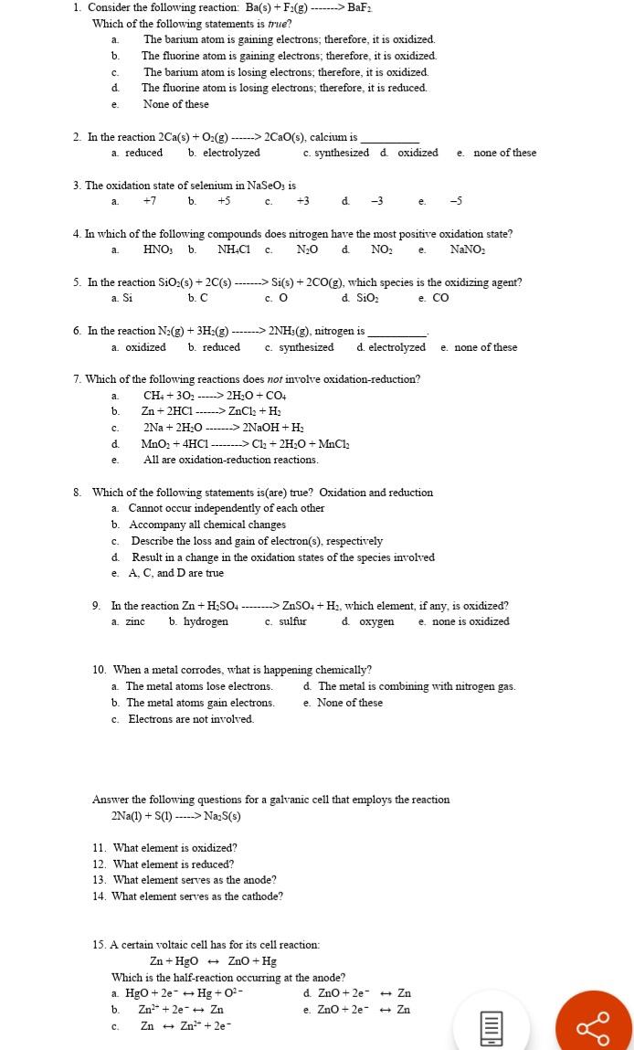 Solved 1. Consider the following reaction: Ba(s)+F2( g)…BaF2 | Chegg.com