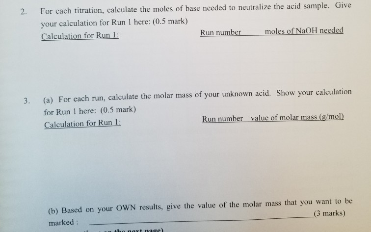 Solved 2. For each titration, calculate the moles of base | Chegg.com