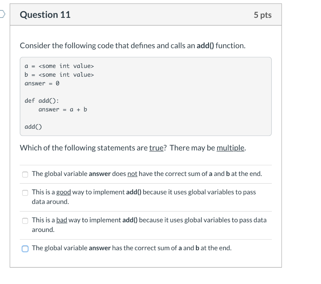 Solved Question 11 5 pts Consider the following code that | Chegg.com