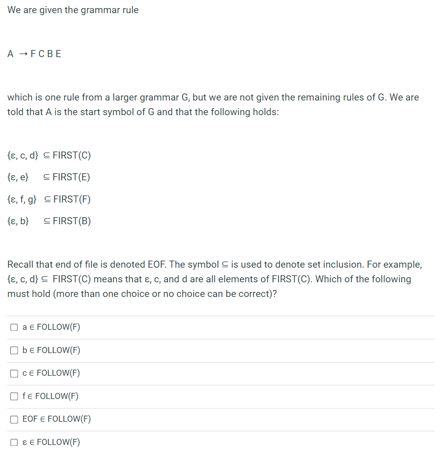 Solved We are given the grammar rule A→F C B E which is one | Chegg.com
