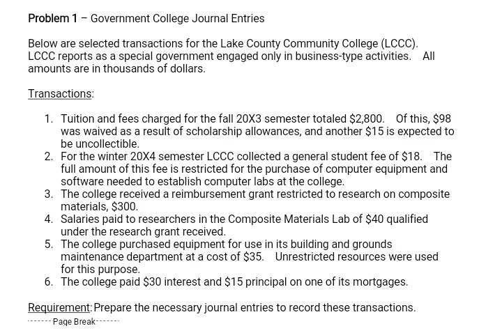 Solved Problem 1 - Government College Journal Entries Below | Chegg.com