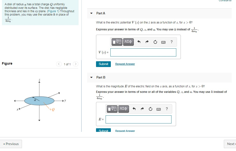 Solved Coristall A disk of radius a has a total charge