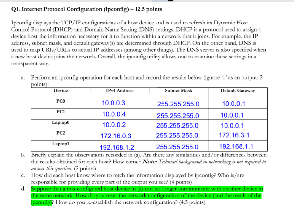 Q1. Internet Protocol Configuration (ipconfig) – 12.5 | Chegg.com