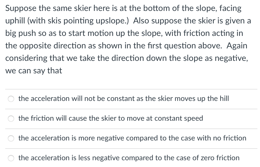 Suppose the same skier here is at the bottom of the slope, facing uphill (with skis pointing upslope.) Also suppose the skier