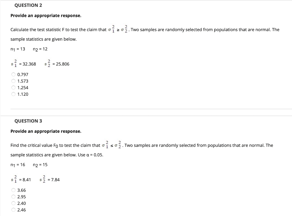 Solved Calculate the test statistic F to test the claim that | Chegg.com
