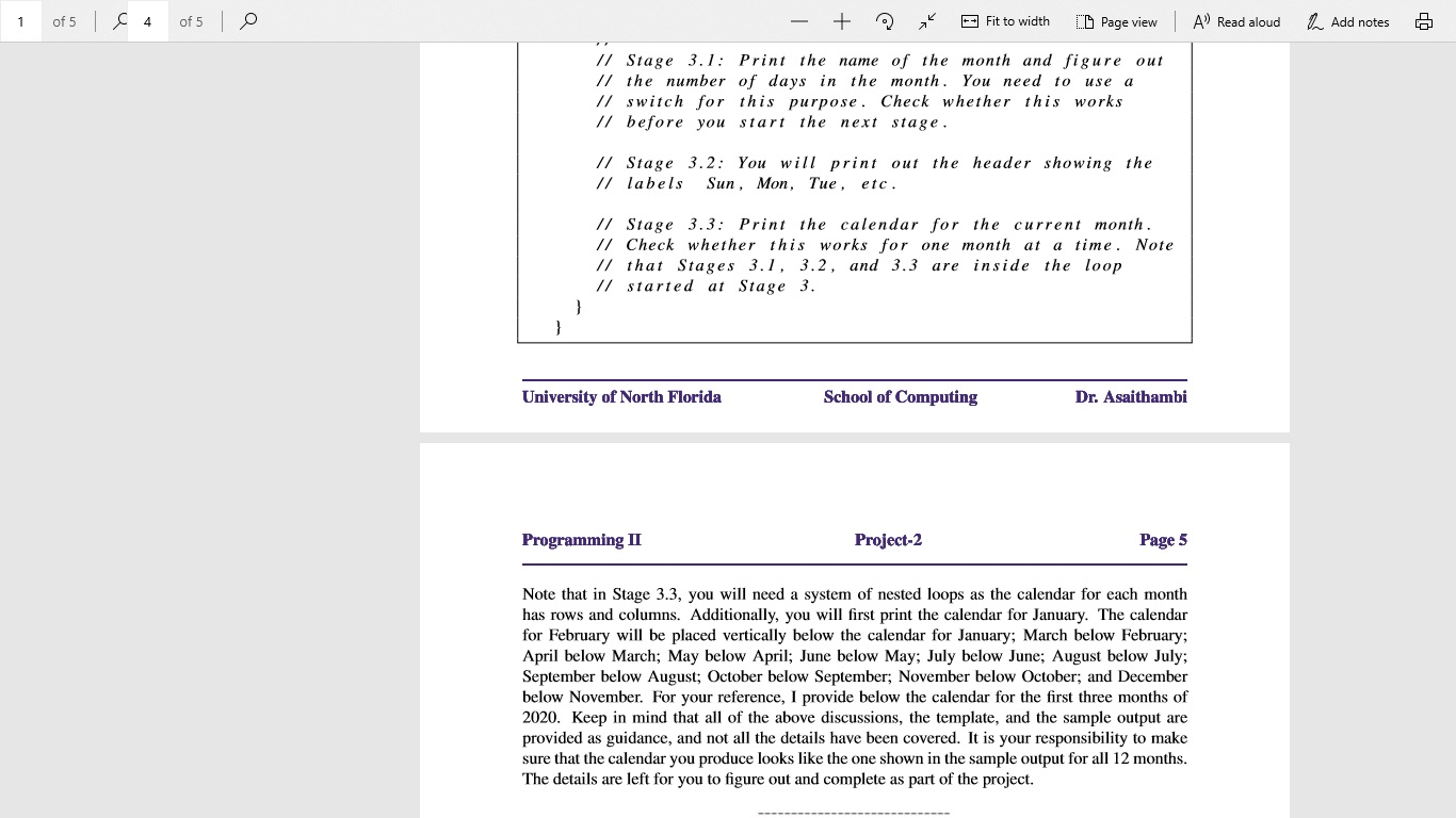 -- Fit to width A Read aloud 1. Add notes CB Page view of 5 of 5 // Stage 3.1: Print the name of the month and figure out //
