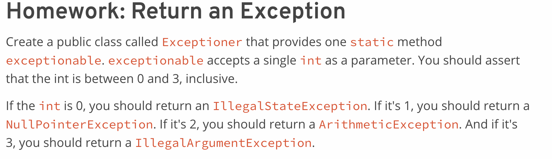 Solved Homework: Return an Exception Create a public class | Chegg.com