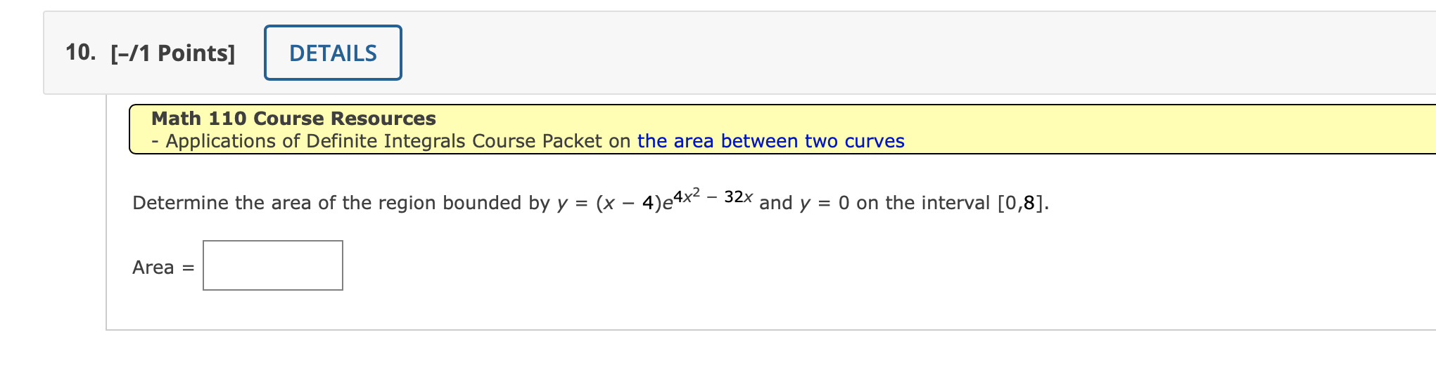 Solved Math 110 Course Resources - Applications of Definite | Chegg.com