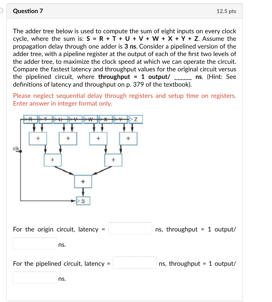 The adder tree below is used to compute the sum of eight inputs on every clock cycle, where the sum is: \( S=R+T+U+V+W+X+Y+Z 