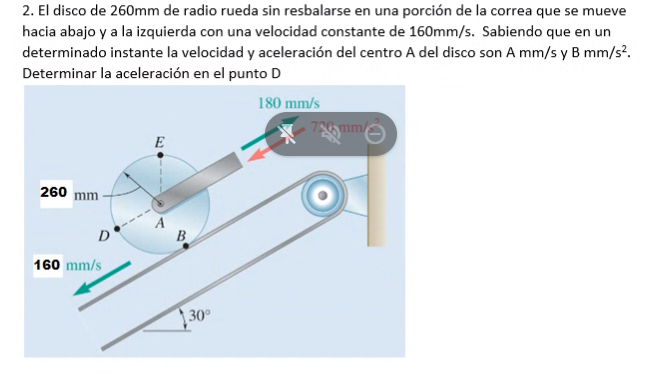 2. El disco de \( 260 \mathrm{~mm} \) de radio rueda sin resbalarse en una porción de la correa que se mueve hacia abajo y a