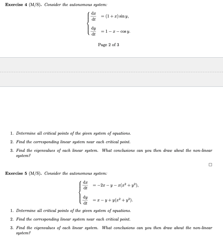 Solved Exercise 4 (M/S). Consider the autonomous system: d. | Chegg.com