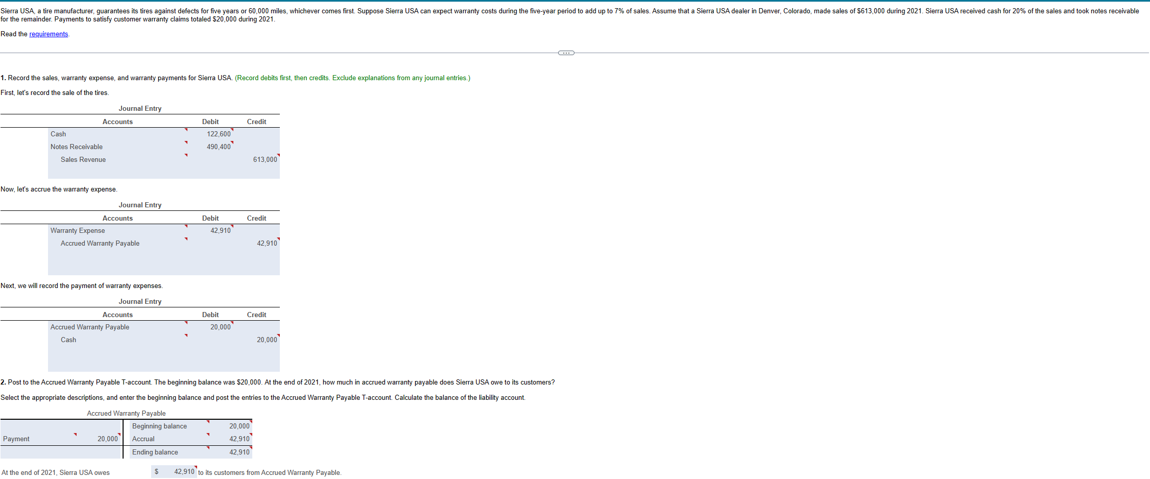 Solved 1. Record the sales, warranty expense, and warranty