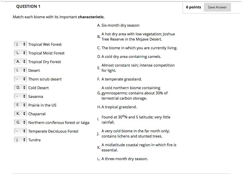 Solved QUESTION 1 6 Points Save Answer Match Each Biome With | Chegg.com