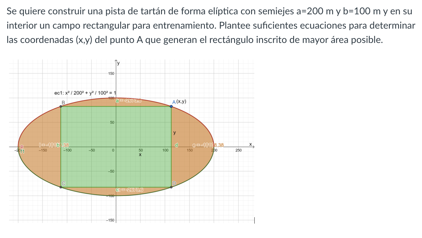 Se quiere construir una pista de tartán de forma elíptica con semiejes \( a=200 \mathrm{~m} \) y b=100 \( \mathrm{m} \) y en