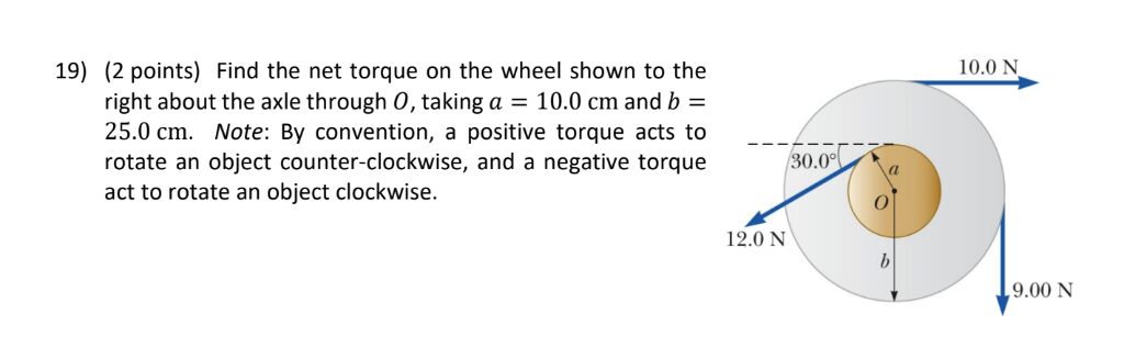 Solved 10.0 N 19) (2 points) Find the net torque on the | Chegg.com