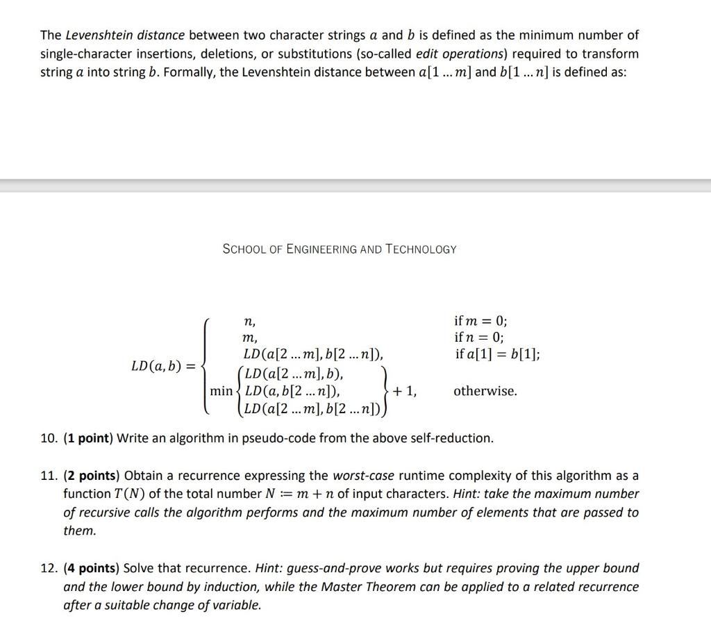 Solved The Levenshtein Distance Between Two Character | Chegg.com