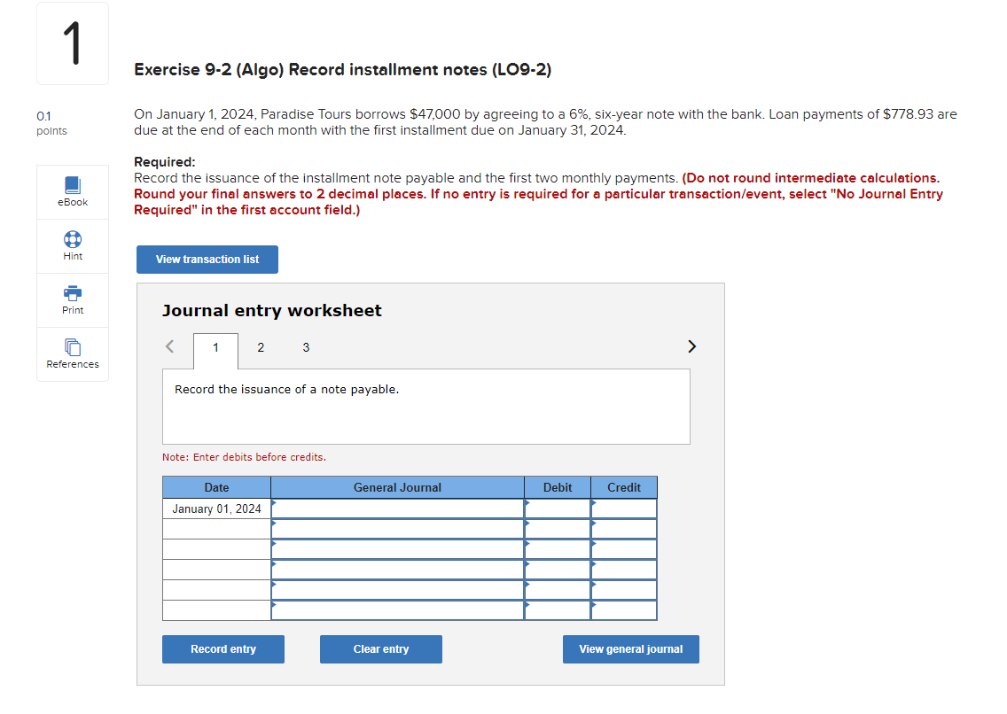 Solved Exercise 9-2 (Algo) Record installment notes (LO9-2) | Chegg.com