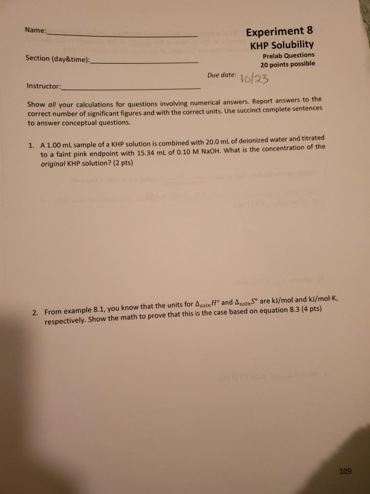 Solved: ... Questions Solubility KHP 8 Experiment Name: Prelab