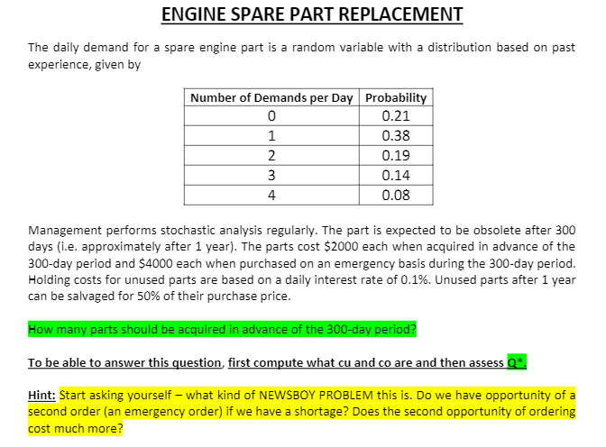 ENGINE SPARE PART REPLACEMENT The daily demand for a | Chegg.com