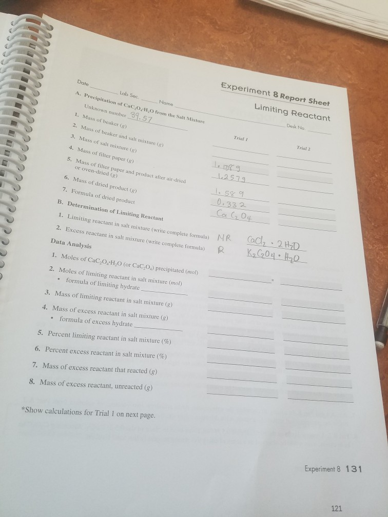 Solved Experiment 8 Report Sheet Date Limiting Reactant Lab | Chegg.com