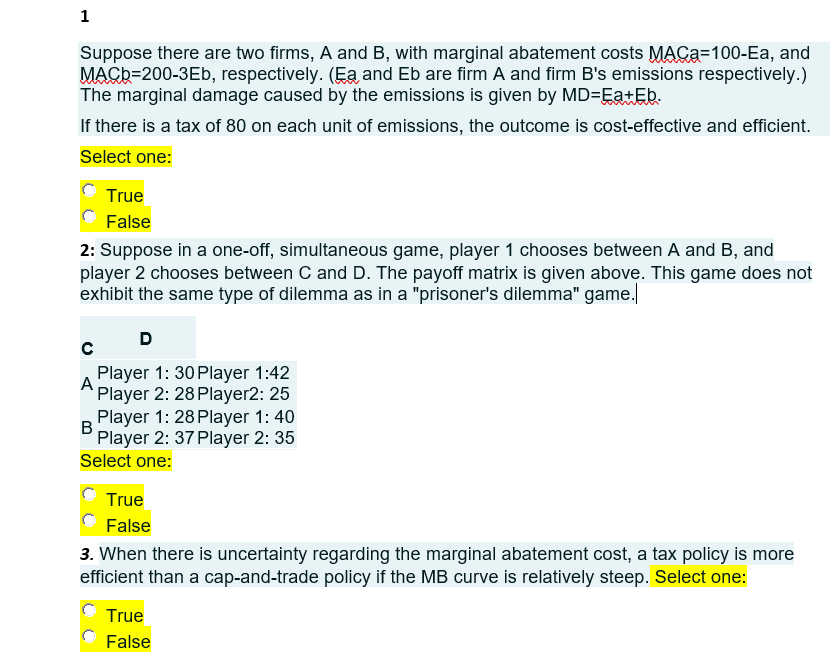 Suppose there are two firms, \( A \) and \( B \), with marginal abatement costs \( M A C a=100-E a \), and MACb=200-3Eb, resp