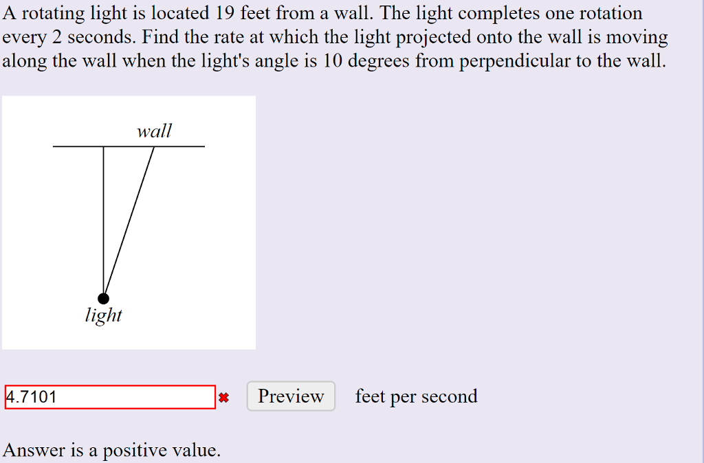 Solved A rotating light is located 19 feet from a wall. The | Chegg.com
