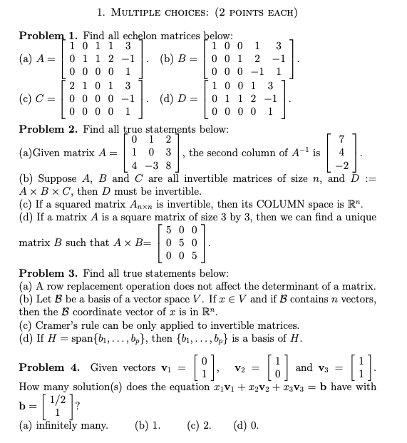 Solved 1. MULTIPLE CHOICES: (2 POINTS EACH) 1 1 1 1 [ -2 | Chegg.com