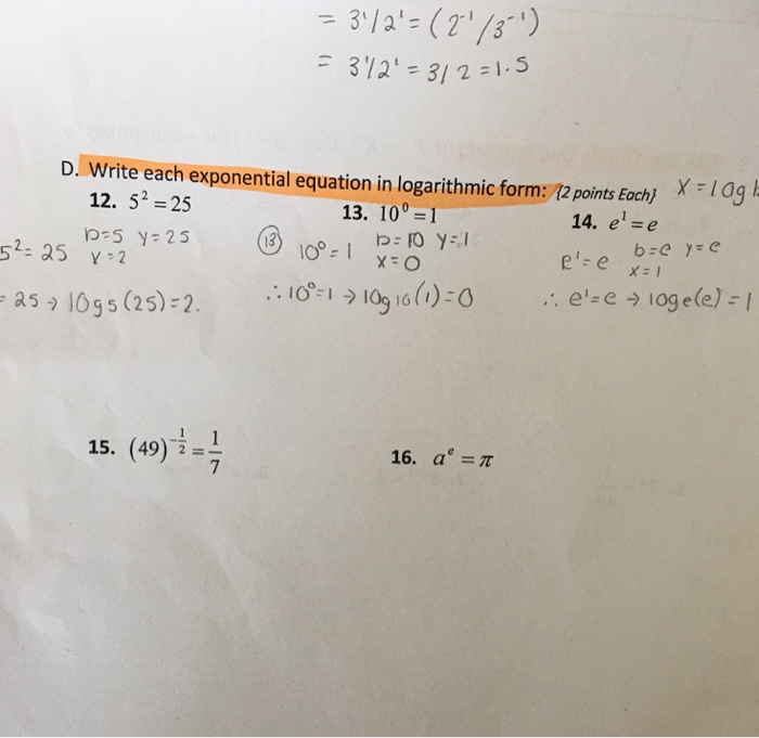 Solved E. write each logarithmic equation in exponential | Chegg.com