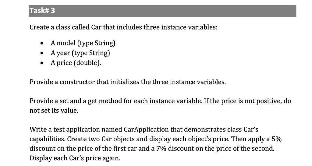 Solved Create a class called Car that includes three | Chegg.com