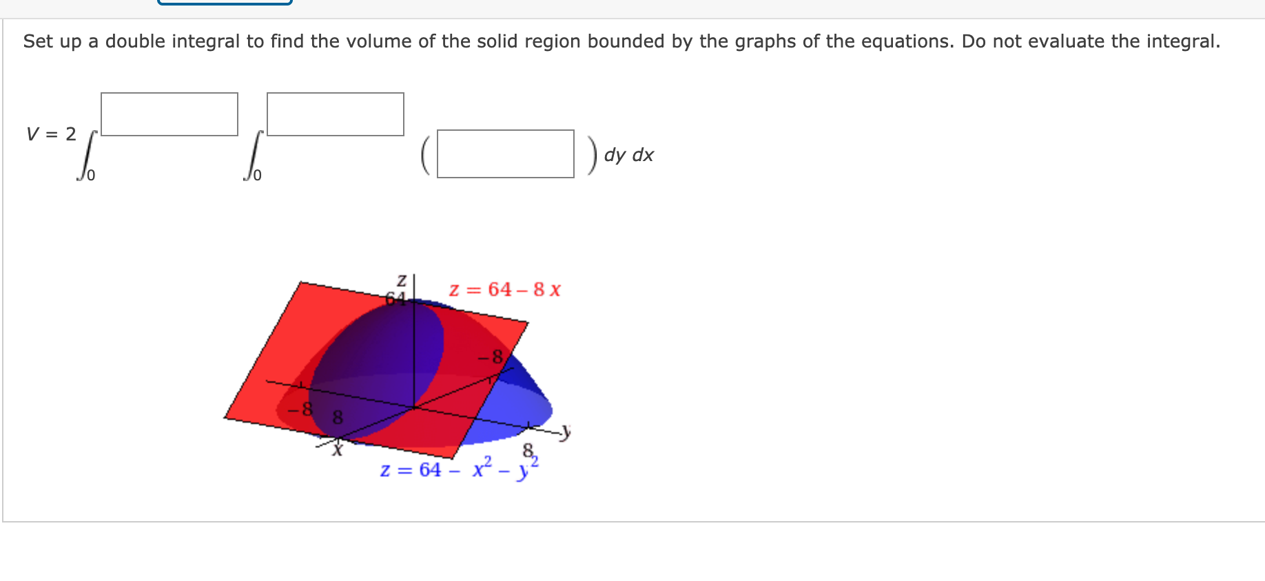 Solved Set Up A Double Integral To Find The Volume Of The