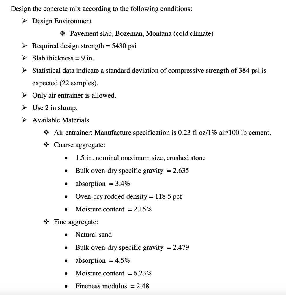 Solved Design the concrete mix according to the following