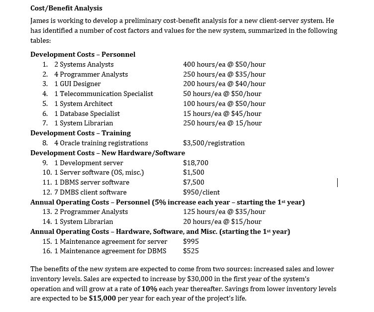 Solved Cost/Benefit Analysis James is working to develop a | Chegg.com
