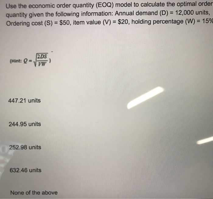 Solved Use the economic order quantity (EOQ) model to | Chegg.com