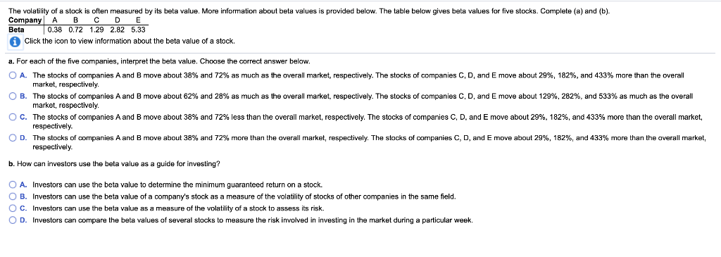 Solved The volatility of a stock is often measured by its | Chegg.com