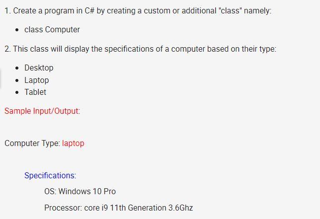 Solved 1. Create a program in C# by creating a custom or | Chegg.com