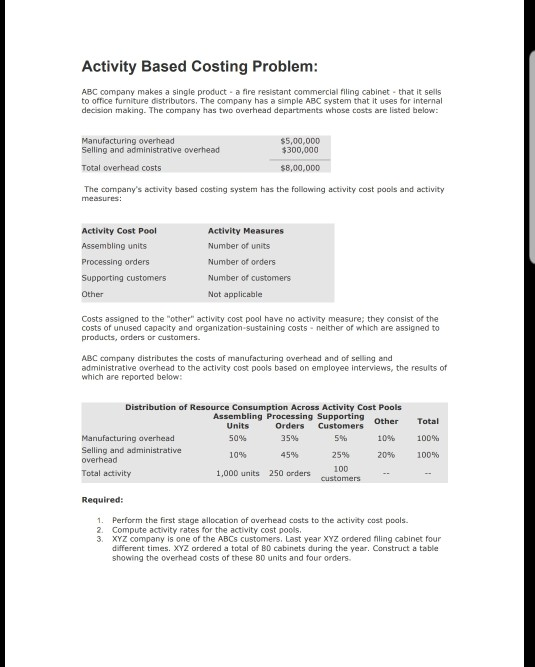 Solved Activity Based Costing Problem Abc Company Makes