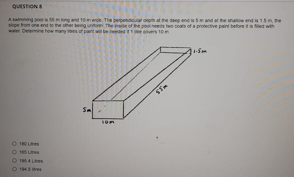 Solved A swimming pool is 55 m long and 10 m wide. The | Chegg.com