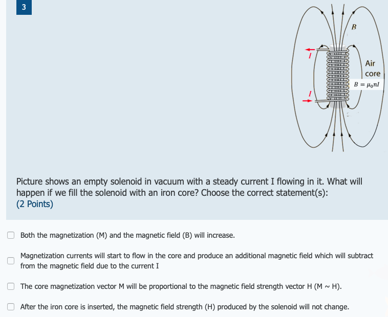Solved 3 B Air core B = Honl Picture shows an empty solenoid | Chegg.com