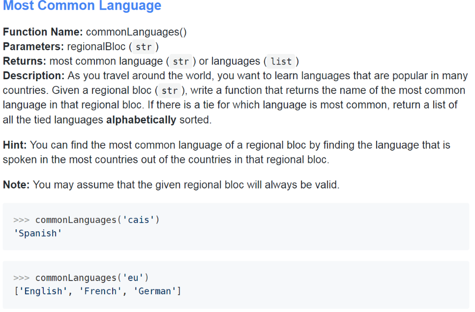 Solved Most Common Language Function Name: commonLanguages() | Chegg.com