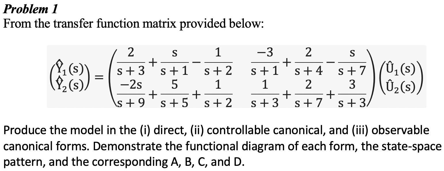 Solved Problem 1 From the transfer function matrix provided | Chegg.com