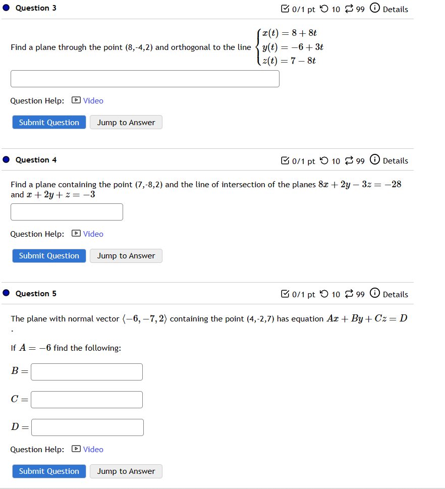 Solved Find a plane through the point (8,−4,2) and | Chegg.com