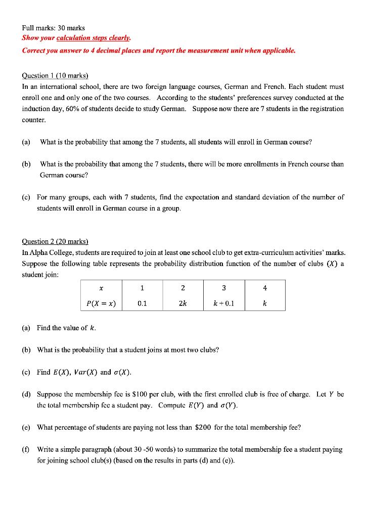 Solved Full marks: 30 marks Show your calculation steps | Chegg.com