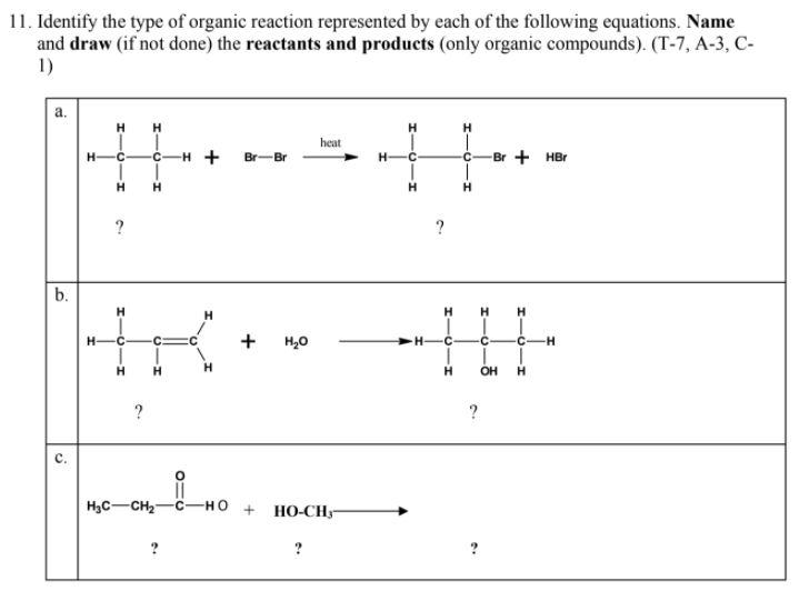 Solved 11. Identify the type of organic reaction represented | Chegg.com