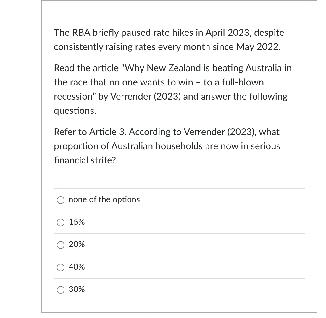 Solved The RBA briefly paused rate hikes in April 2023, | Chegg.com